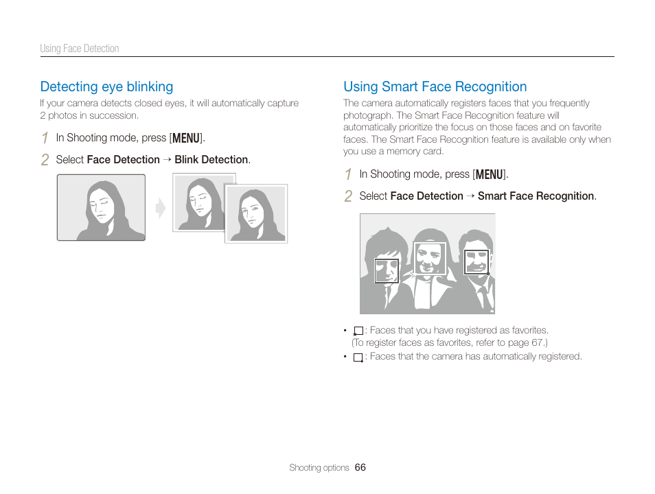 Detecting eye blinking, Using smart face recognition, Detecting eye blinking …………………… 66 | Using smart face recognition …………… 66 | Samsung EC-WB150FBPBUS User Manual | Page 67 / 160