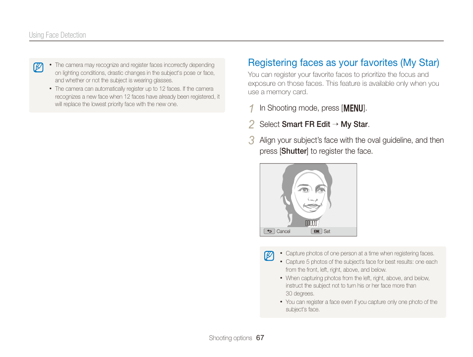 Registering faces as your favorites (my star), Registering faces as your favorites, My star) ………………………………… 67 | Samsung EC-WB150FBPBUS User Manual | Page 68 / 160