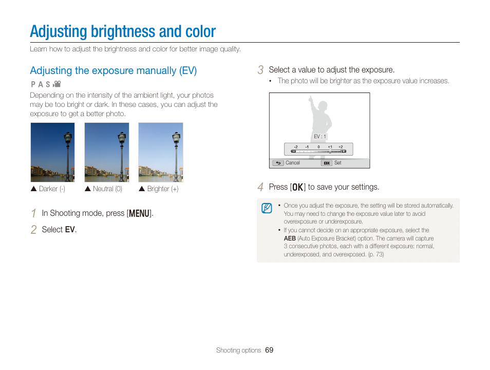 Adjusting brightness and color, Adjusting the exposure manually (ev), Adjust the exposure. (p. 69) | Adjusting the exposure manually (ev) …… 69 | Samsung EC-WB150FBPBUS User Manual | Page 70 / 160