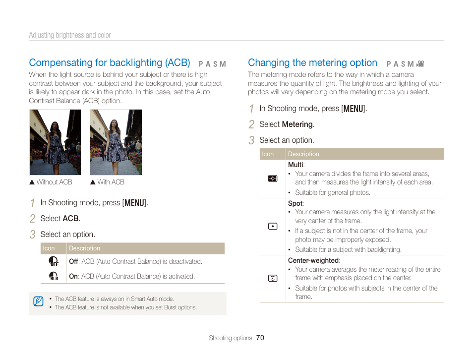 Compensating for backlighting (acb), Changing the metering option, Option. (p. 70) | Compensating for backlighting (acb) …… 70, Changing the metering option …………… 70 | Samsung EC-WB150FBPBUS User Manual | Page 71 / 160