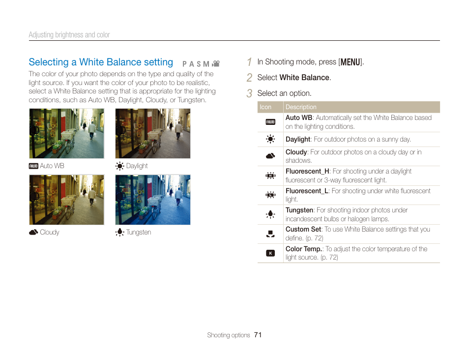 Selecting a white balance setting, Selecting a white balance setting ………… 71 | Samsung EC-WB150FBPBUS User Manual | Page 72 / 160