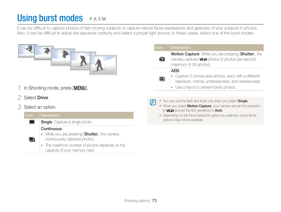 Using burst modes | Samsung EC-WB150FBPBUS User Manual | Page 74 / 160