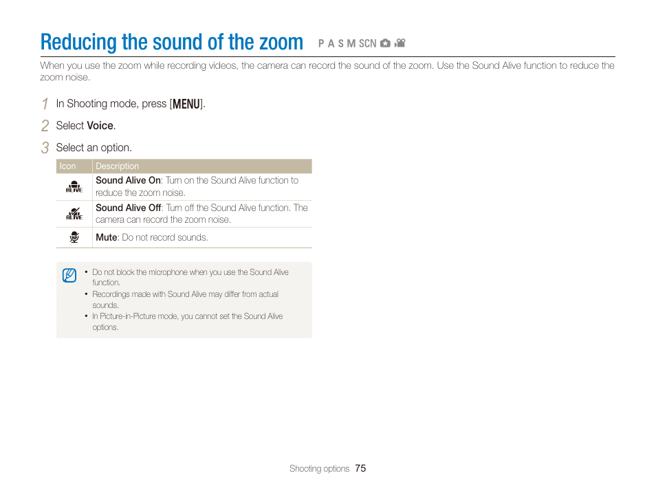 Reducing the sound of the zoom | Samsung EC-WB150FBPBUS User Manual | Page 76 / 160