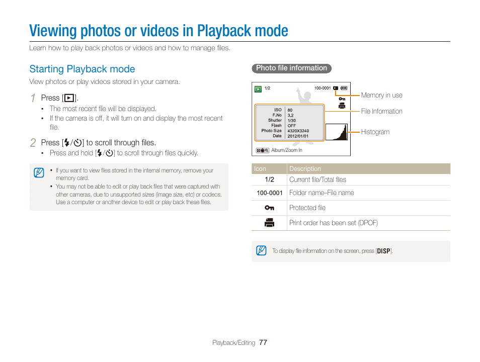 Viewing photos or videos in playback mode, Starting playback mode, Viewing photos or videos in playback | Mode, Starting playback mode ………………… 77 | Samsung EC-WB150FBPBUS User Manual | Page 78 / 160