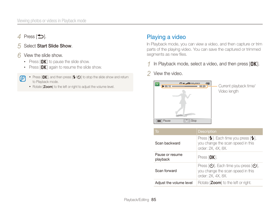 Playing a video, Playing a video …………………………… 85 | Samsung EC-WB150FBPBUS User Manual | Page 86 / 160