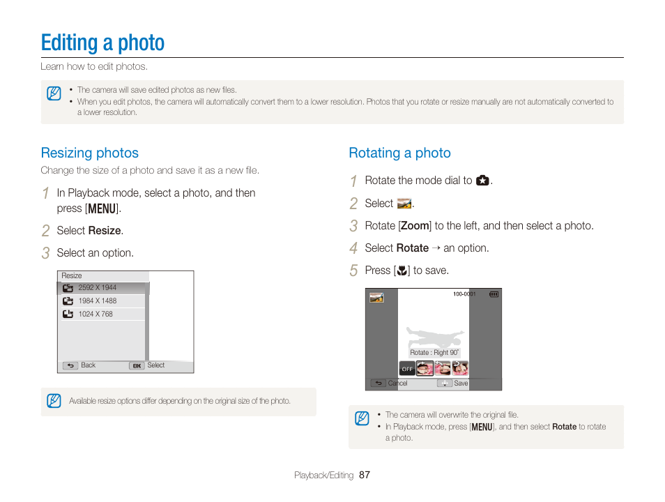 Editing a photo, Resizing photos, Rotating a photo | Resizing photos …………………………… 87, Rotating a photo ………………………… 87 | Samsung EC-WB150FBPBUS User Manual | Page 88 / 160