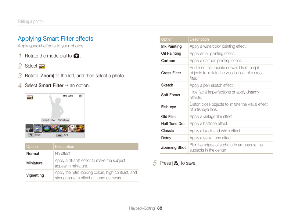 Applying smart filter effects, Applying smart filter effects ……………… 88 | Samsung EC-WB150FBPBUS User Manual | Page 89 / 160