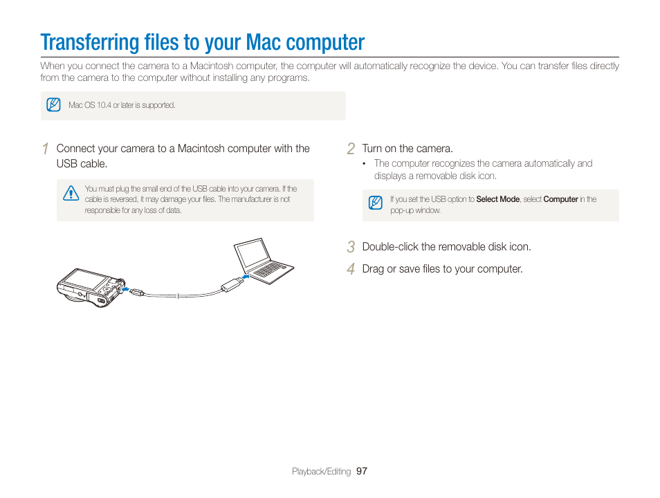 Transferring files to your mac computer, Transferring ﬁles to your mac computer | Samsung EC-WB150FBPBUS User Manual | Page 98 / 160