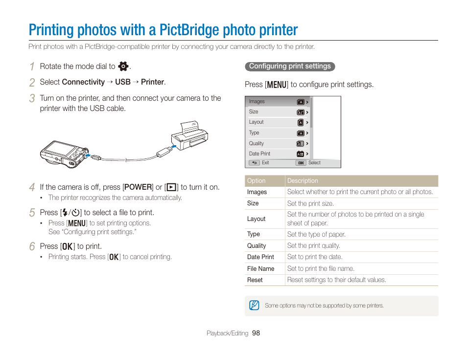 Printing photos with a pictbridge photo printer, Printing photos with a pictbridge photo, Printer | Samsung EC-WB150FBPBUS User Manual | Page 99 / 160