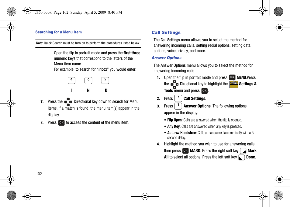 Call settings | Samsung SCH-U750HAAVZW User Manual | Page 106 / 178