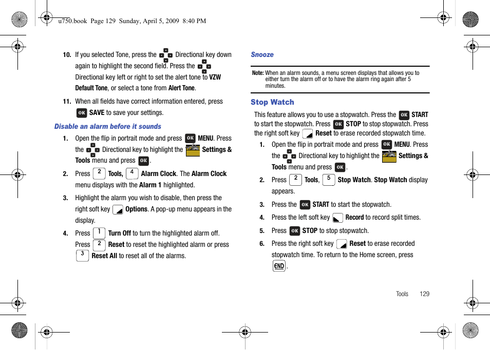 Stop watch | Samsung SCH-U750HAAVZW User Manual | Page 133 / 178