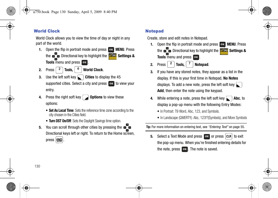 World clock, Notepad, World clock notepad | Samsung SCH-U750HAAVZW User Manual | Page 134 / 178