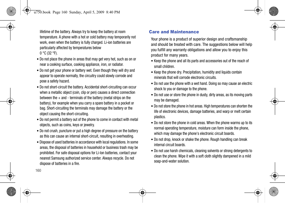 Care and maintenance | Samsung SCH-U750HAAVZW User Manual | Page 164 / 178