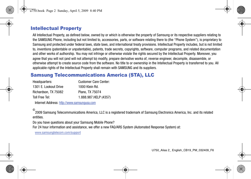 Intellectual property, Samsung telecommunications america (sta), llc | Samsung SCH-U750HAAVZW User Manual | Page 2 / 178