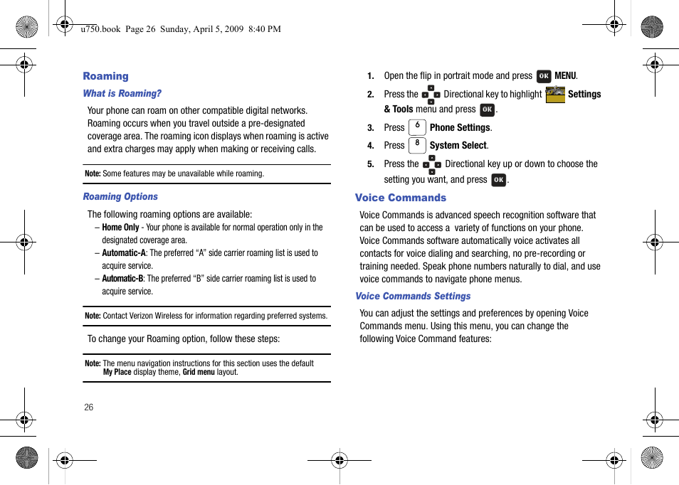 Roaming, Voice commands, Roaming voice commands | Samsung SCH-U750HAAVZW User Manual | Page 30 / 178