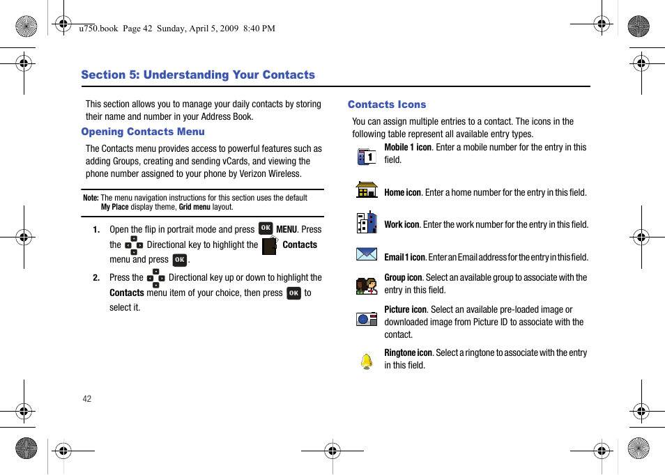 Section 5: understanding your contacts, Opening contacts menu, Contacts icons | Opening contacts menu contacts icons | Samsung SCH-U750HAAVZW User Manual | Page 46 / 178