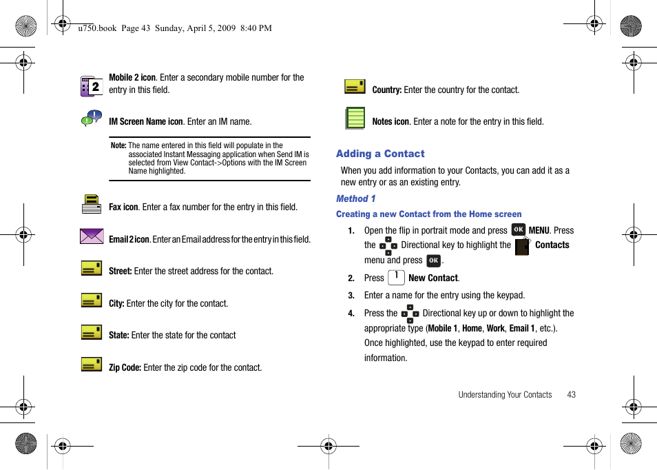 Adding a contact | Samsung SCH-U750HAAVZW User Manual | Page 47 / 178