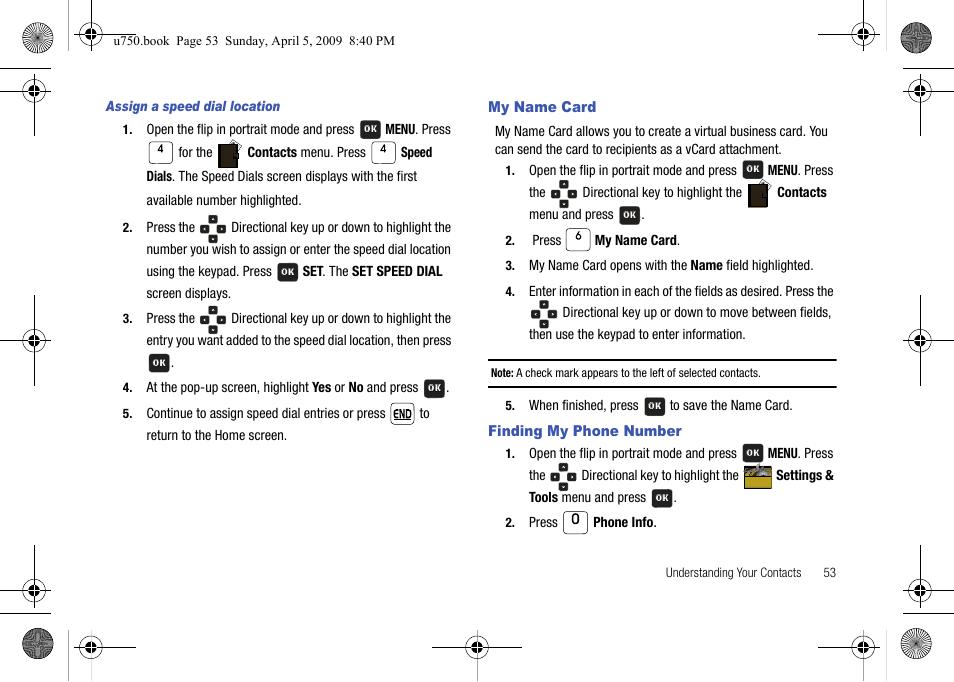 My name card, Finding my phone number, My name card finding my phone number | Samsung SCH-U750HAAVZW User Manual | Page 57 / 178