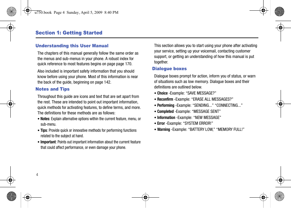 Section 1: getting started, Understanding this user manual, Notes and tips | Dialogue boxes | Samsung SCH-U750HAAVZW User Manual | Page 8 / 178