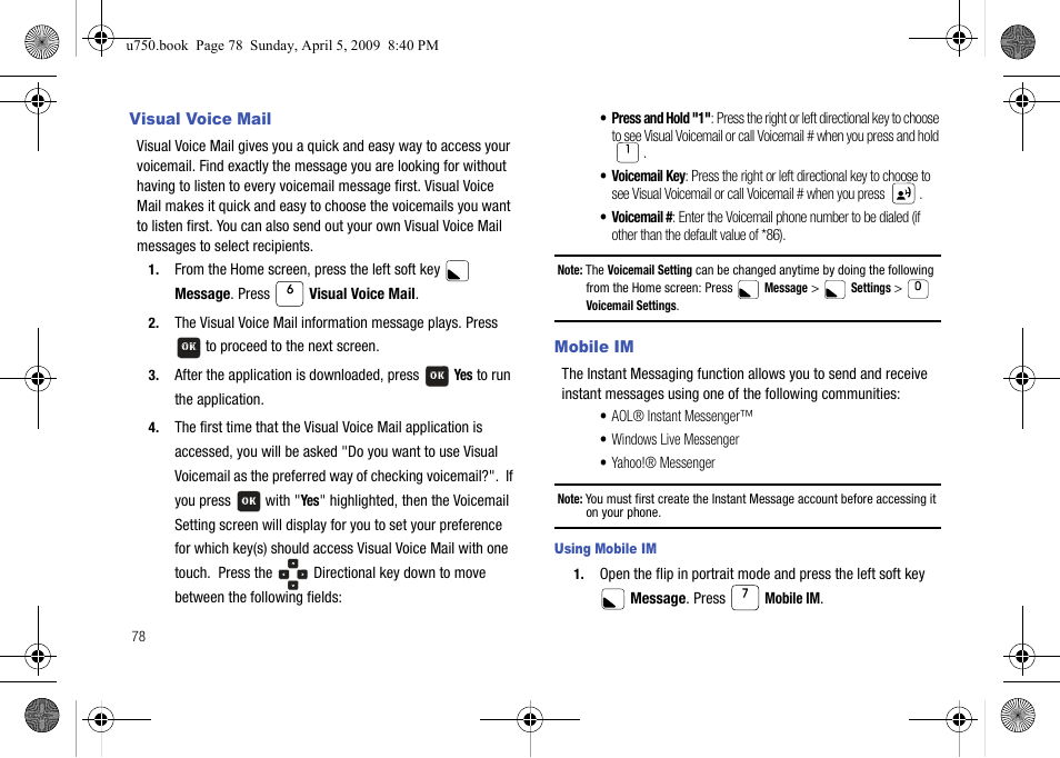 Visual voice mail, Mobile im, Visual voice mail mobile im | Samsung SCH-U750HAAVZW User Manual | Page 82 / 178