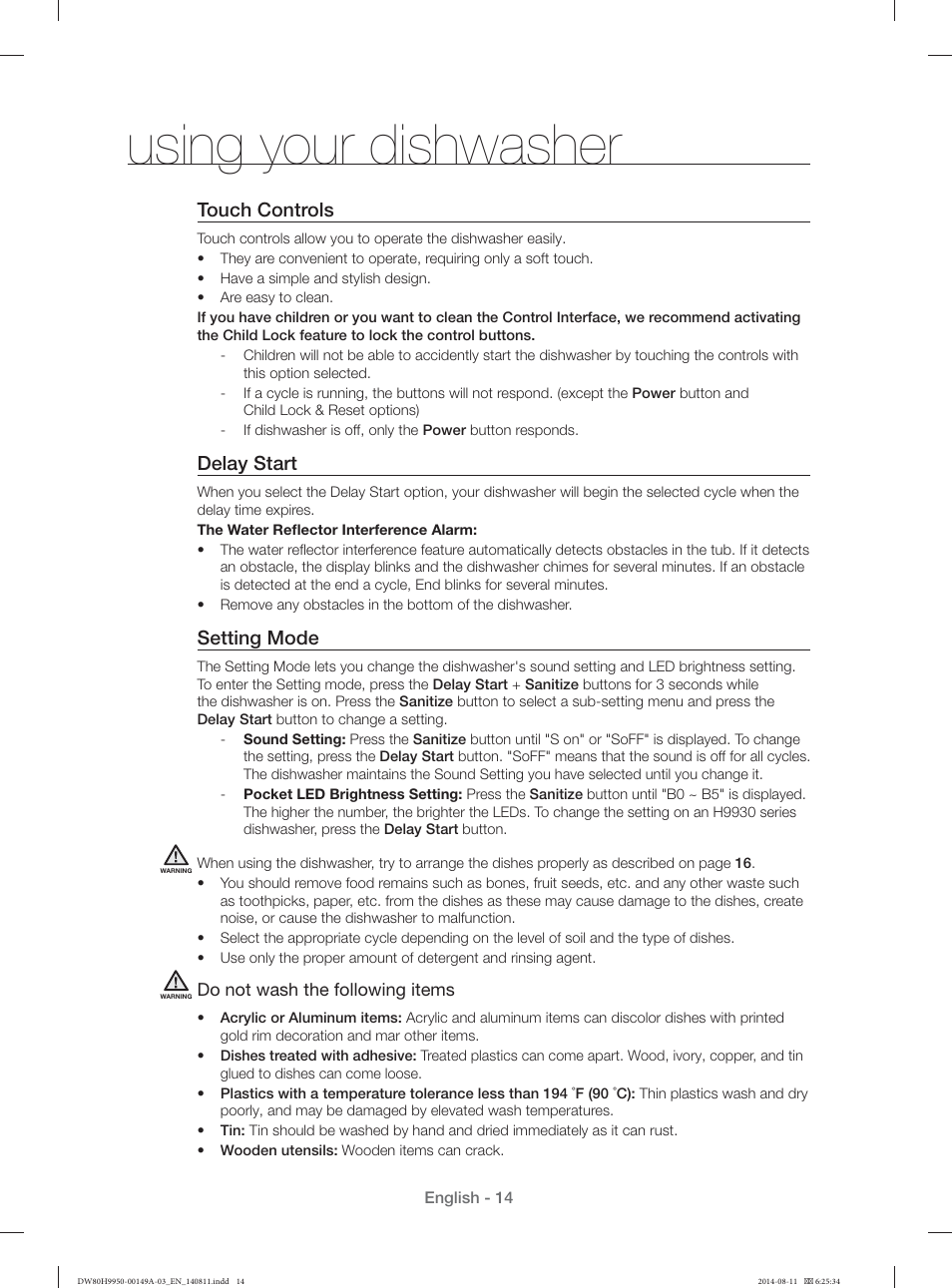 Using your dishwasher, Touch controls, Delay start | Setting mode | Samsung DW80H9970US-AA User Manual | Page 14 / 96