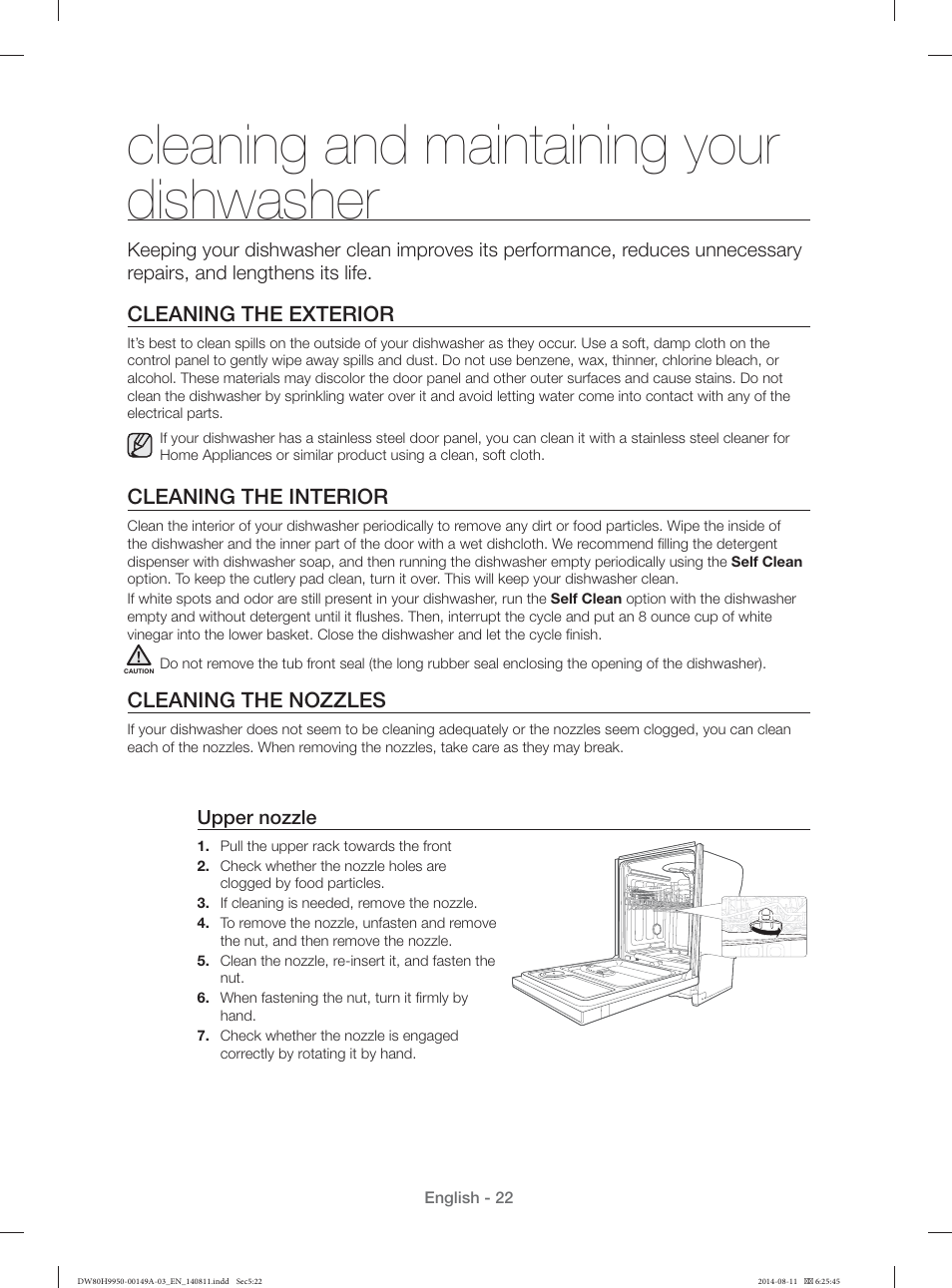 Cleaning and maintaining your dishwasher, Cleaning the exterior, Cleaning the interior | Cleaning the nozzles | Samsung DW80H9970US-AA User Manual | Page 22 / 96