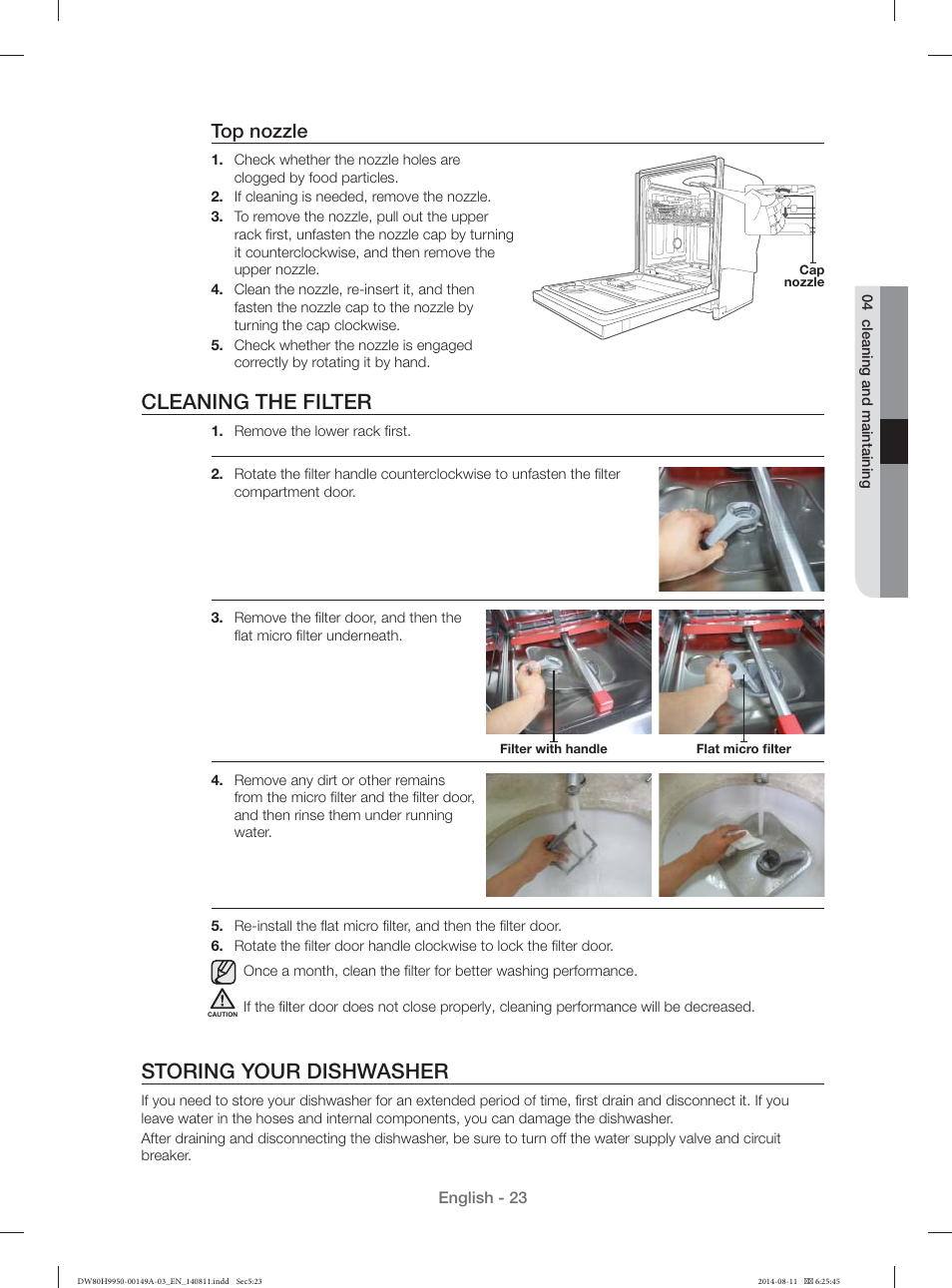 Cleaning the filter, Storing your dishwasher, Top nozzle | Samsung DW80H9970US-AA User Manual | Page 23 / 96