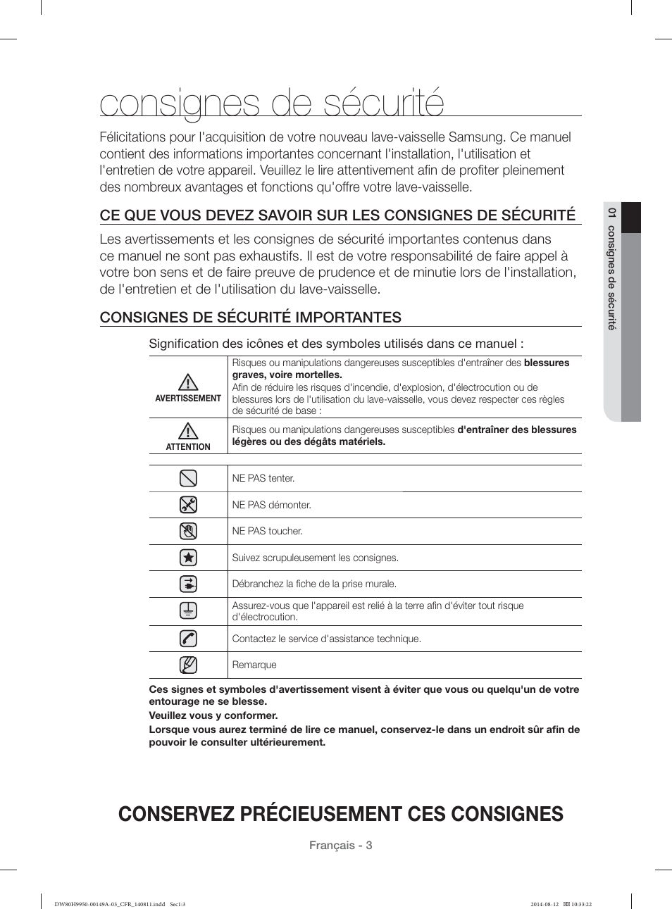 Consignes de sécurité, Conservez précieusement ces consignes, Consignes de sécurité importantes | Samsung DW80H9970US-AA User Manual | Page 35 / 96