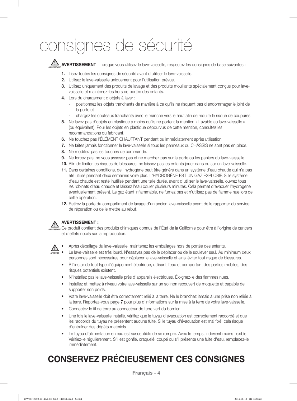 Consignes de sécurité, Conservez précieusement ces consignes | Samsung DW80H9970US-AA User Manual | Page 36 / 96