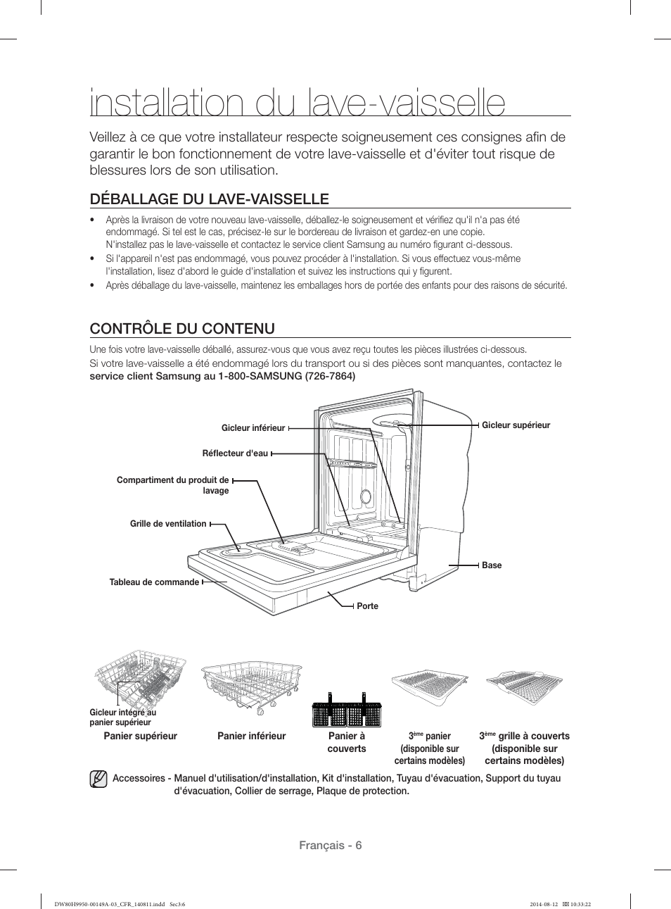 Installation du lave-vaisselle, Déballage du lave-vaisselle, Contrôle du contenu | Samsung DW80H9970US-AA User Manual | Page 38 / 96