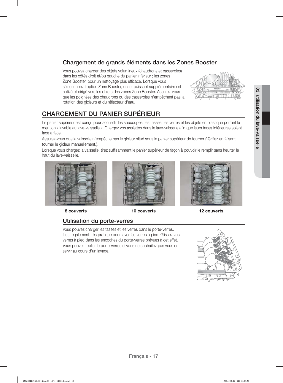 Chargement du panier supérieur, Utilisation du porte-verres | Samsung DW80H9970US-AA User Manual | Page 49 / 96