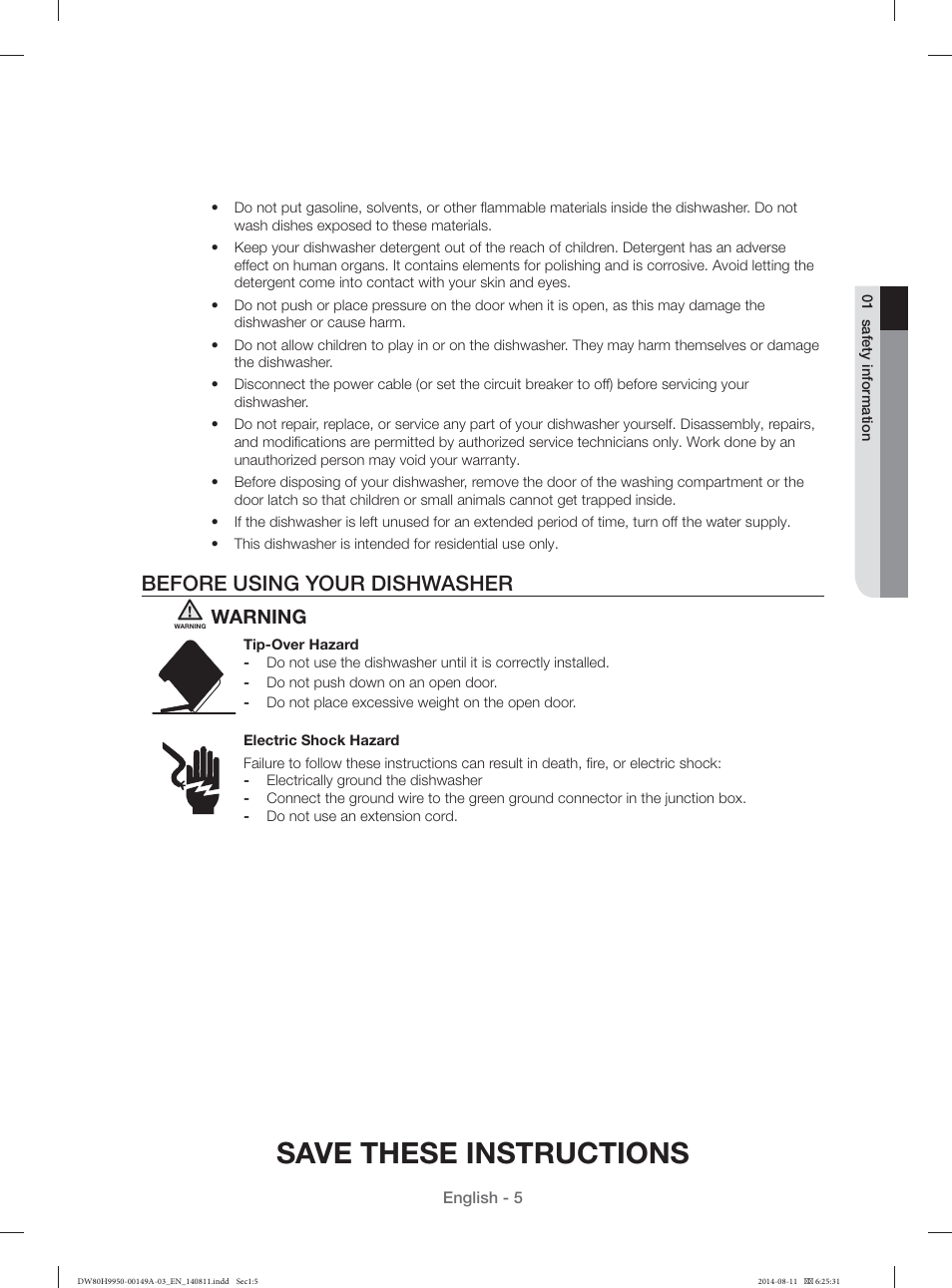 Save these instructions, Before using your dishwasher, Warning | Samsung DW80H9970US-AA User Manual | Page 5 / 96