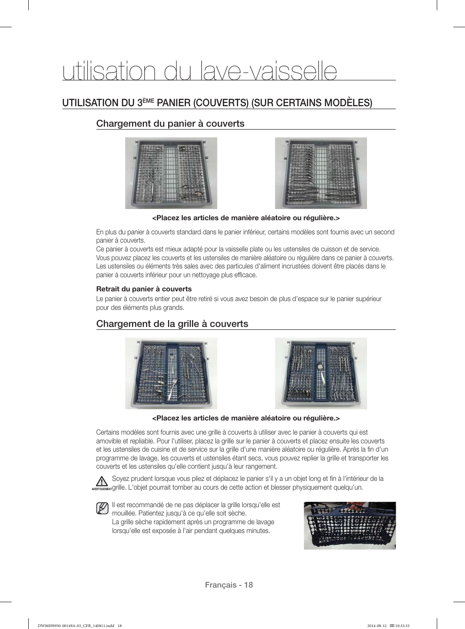 Utilisation du lave-vaisselle, Utilisation du 3, Panier (couverts) (sur certains modèles) | Samsung DW80H9970US-AA User Manual | Page 50 / 96