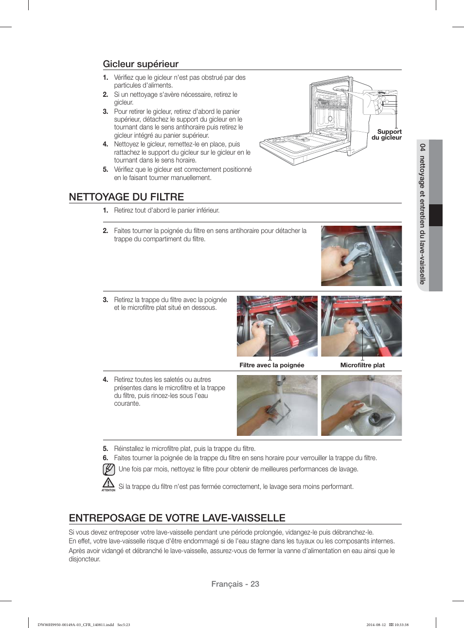 Nettoyage du filtre, Entreposage de votre lave-vaisselle, Gicleur supérieur | Samsung DW80H9970US-AA User Manual | Page 55 / 96