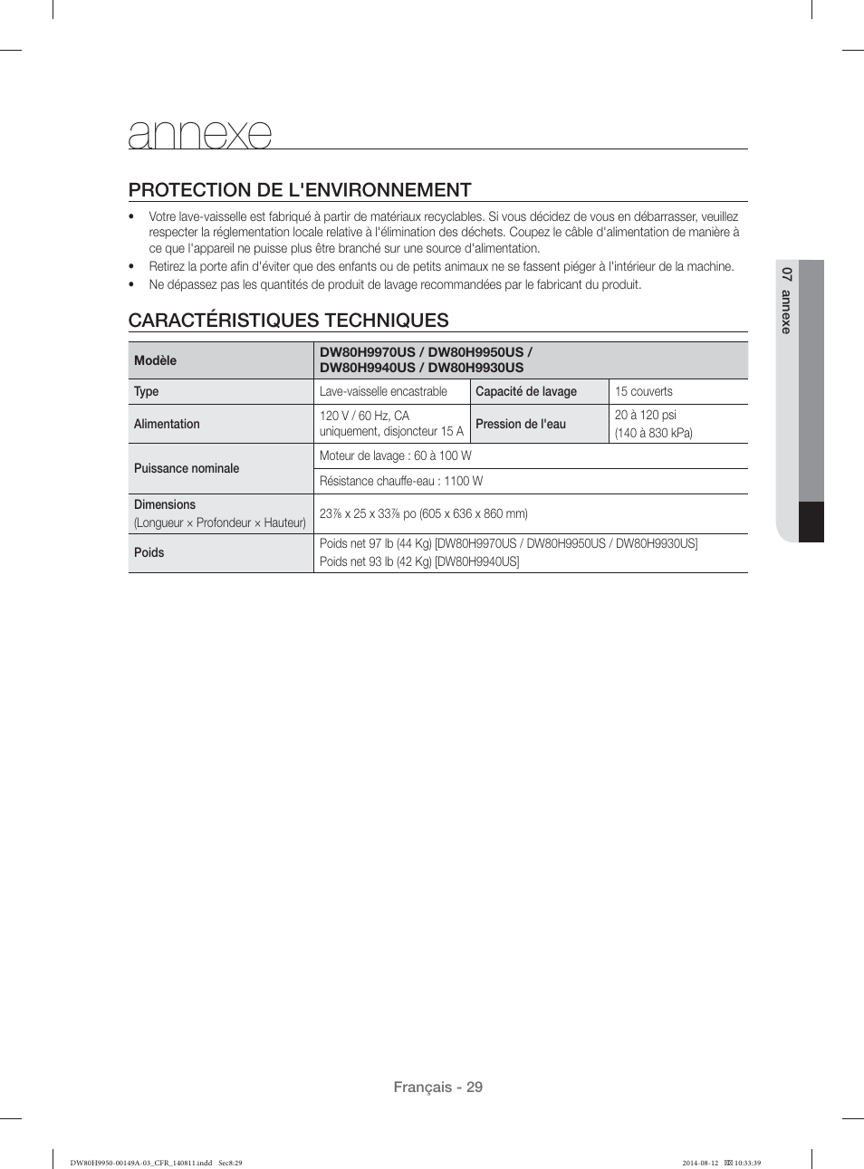 Annexe, Protection de l'environnement, Caractéristiques techniques | Samsung DW80H9970US-AA User Manual | Page 61 / 96
