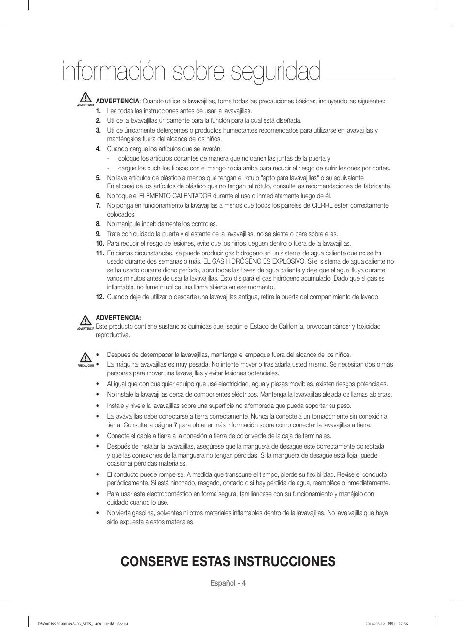Información sobre seguridad, Conserve estas instrucciones | Samsung DW80H9970US-AA User Manual | Page 68 / 96