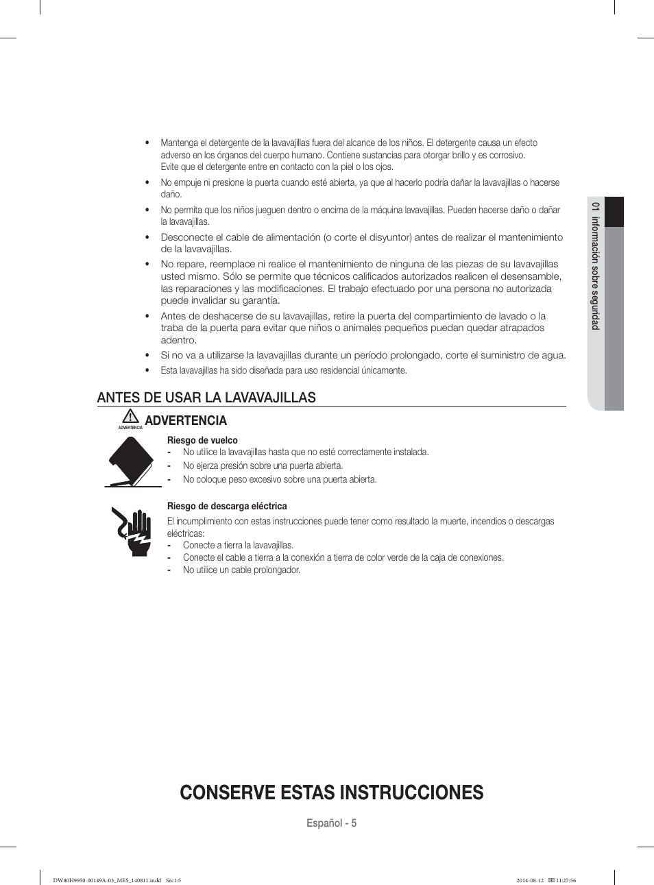 Conserve estas instrucciones, Antes de usar la lavavajillas, Advertencia | Samsung DW80H9970US-AA User Manual | Page 69 / 96