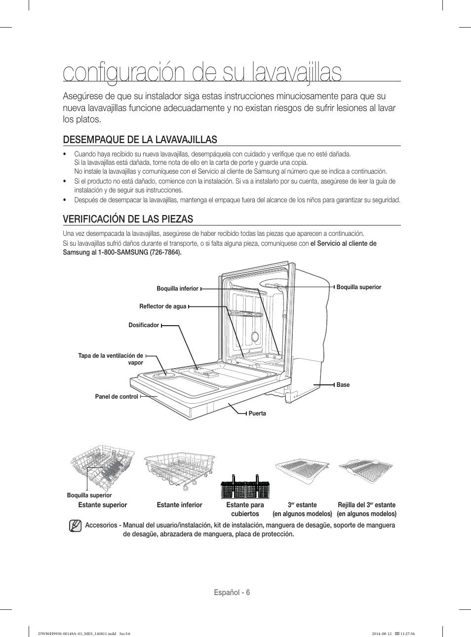 Conﬁ guración de su lavavajillas, Desempaque de la lavavajillas, Verificación de las piezas | Samsung DW80H9970US-AA User Manual | Page 70 / 96