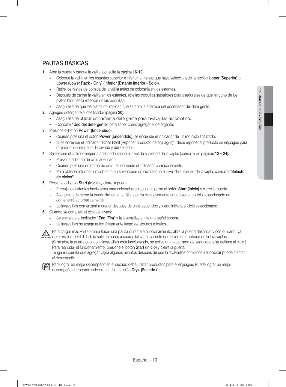 Pautas básicas | Samsung DW80H9970US-AA User Manual | Page 77 / 96