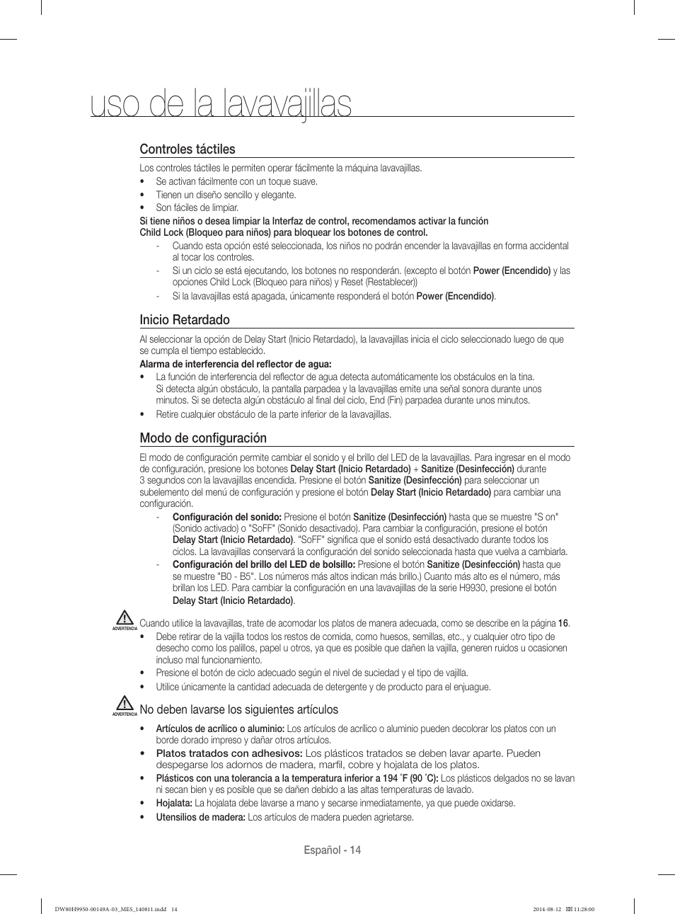 Uso de la lavavajillas, Controles táctiles, Inicio retardado | Modo de conﬁ guración | Samsung DW80H9970US-AA User Manual | Page 78 / 96