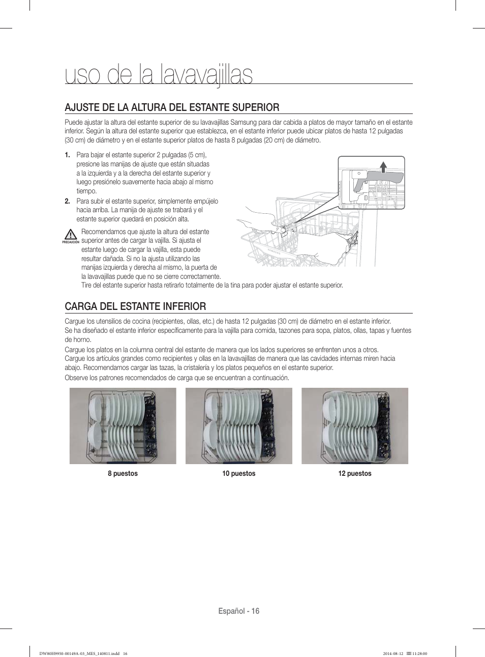 Uso de la lavavajillas, Ajuste de la altura del estante superior, Carga del estante inferior | Samsung DW80H9970US-AA User Manual | Page 80 / 96