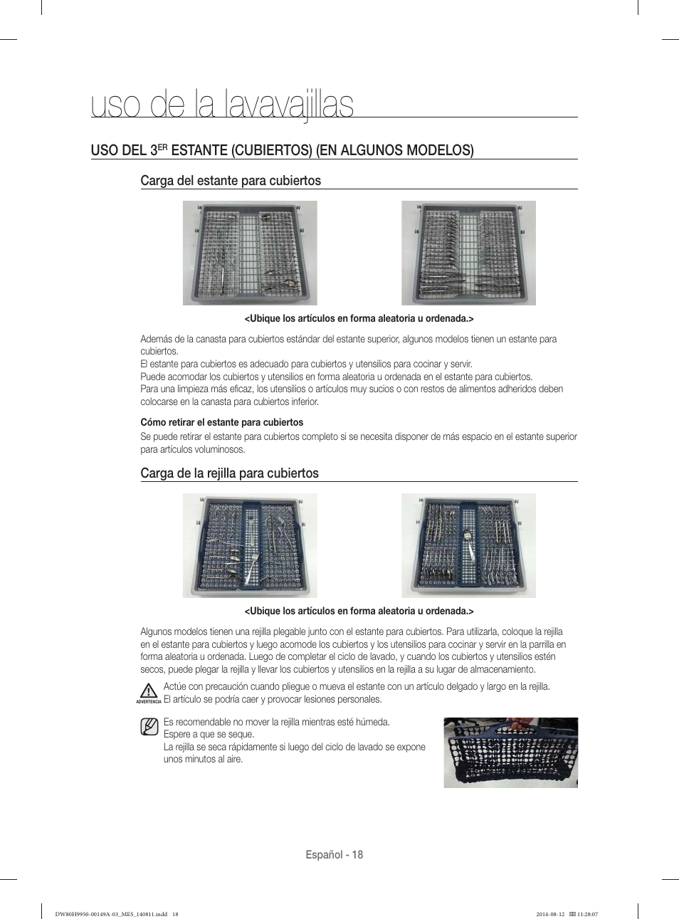 Uso de la lavavajillas, Uso del 3, Estante (cubiertos) (en algunos modelos) | Samsung DW80H9970US-AA User Manual | Page 82 / 96