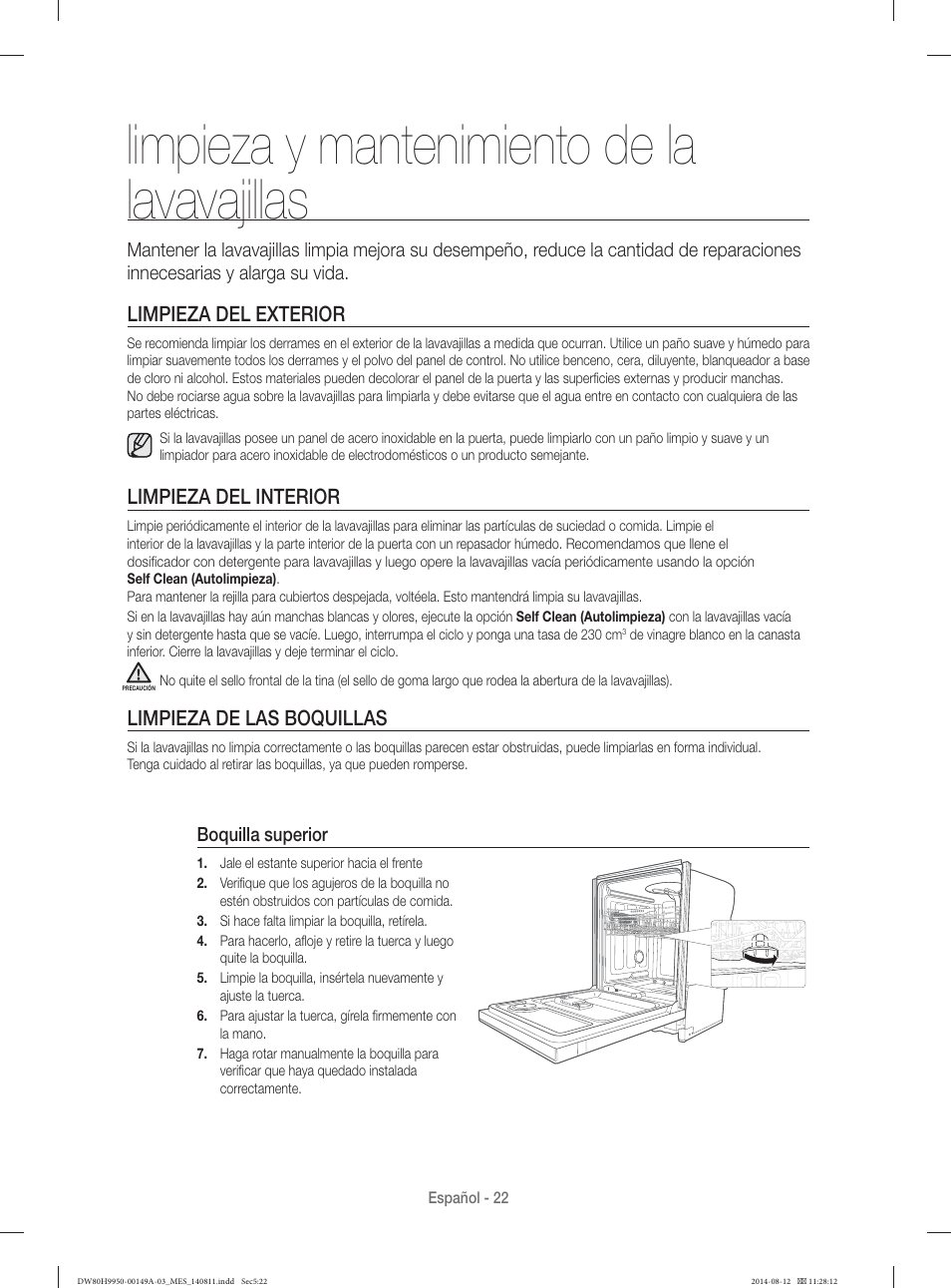 Limpieza y mantenimiento de la lavavajillas, Limpieza del exterior, Limpieza del interior | Limpieza de las boquillas, Boquilla superior | Samsung DW80H9970US-AA User Manual | Page 86 / 96