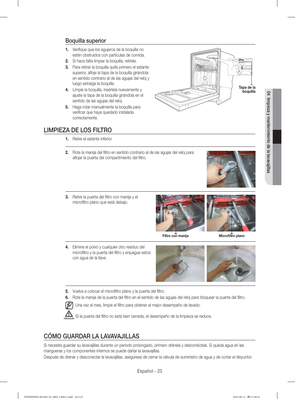 Limpieza de los filtro, Cómo guardar la lavavajillas, Boquilla superior | Samsung DW80H9970US-AA User Manual | Page 87 / 96