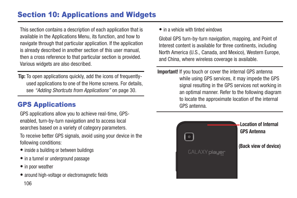 Section 10: applications and widgets, Gps applications | Samsung YP-GS1CB-XAA User Manual | Page 110 / 211
