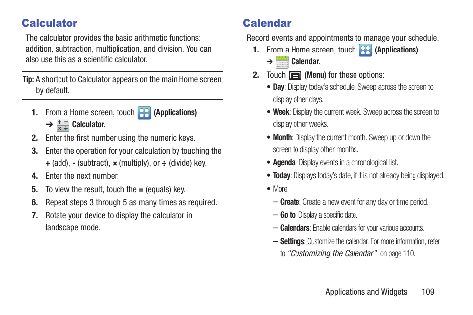 Calculator, Calendar, Calculator calendar | Samsung YP-GS1CB-XAA User Manual | Page 113 / 211