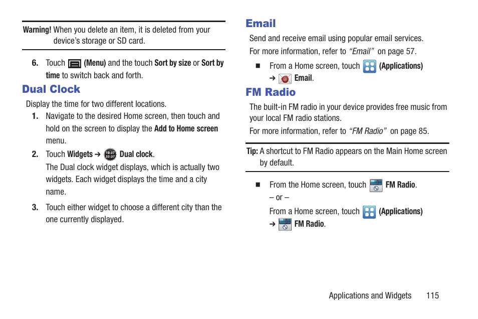 Dual clock, Email, Fm radio | Dual clock email fm radio | Samsung YP-GS1CB-XAA User Manual | Page 119 / 211