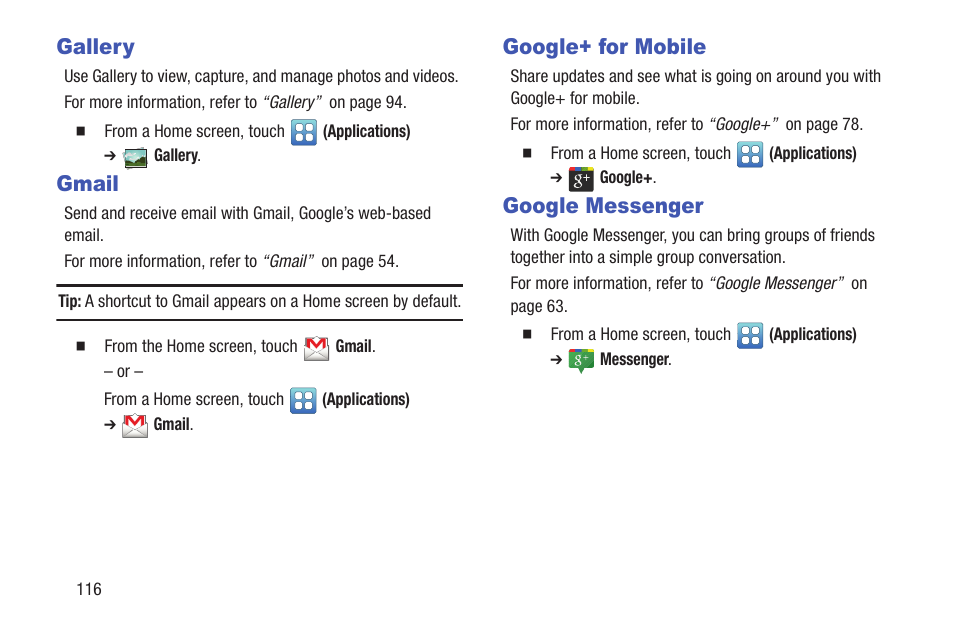 Gallery, Gmail, Google+ for mobile | Google messenger, Gallery gmail google+ for mobile google messenger | Samsung YP-GS1CB-XAA User Manual | Page 120 / 211