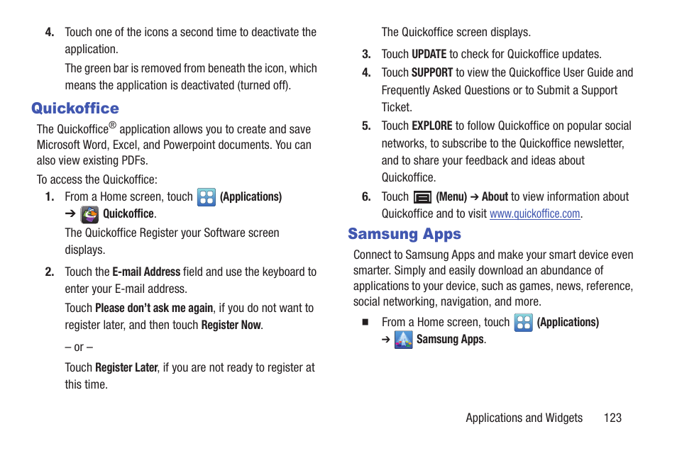 Quickoffice, Samsung apps, Quickoffice samsung apps | Samsung YP-GS1CB-XAA User Manual | Page 127 / 211