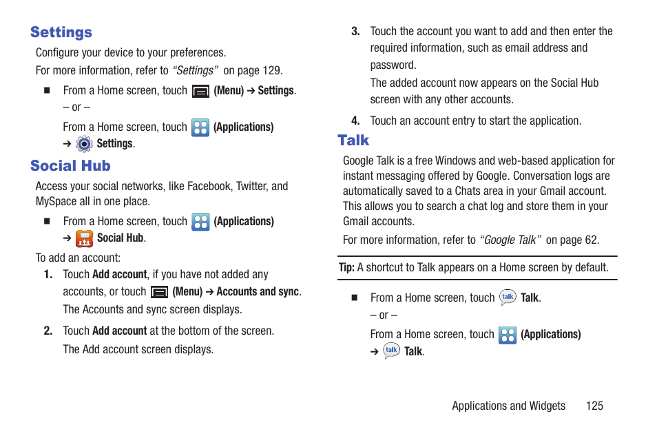 Settings, Social hub, Talk | Settings social hub talk | Samsung YP-GS1CB-XAA User Manual | Page 129 / 211
